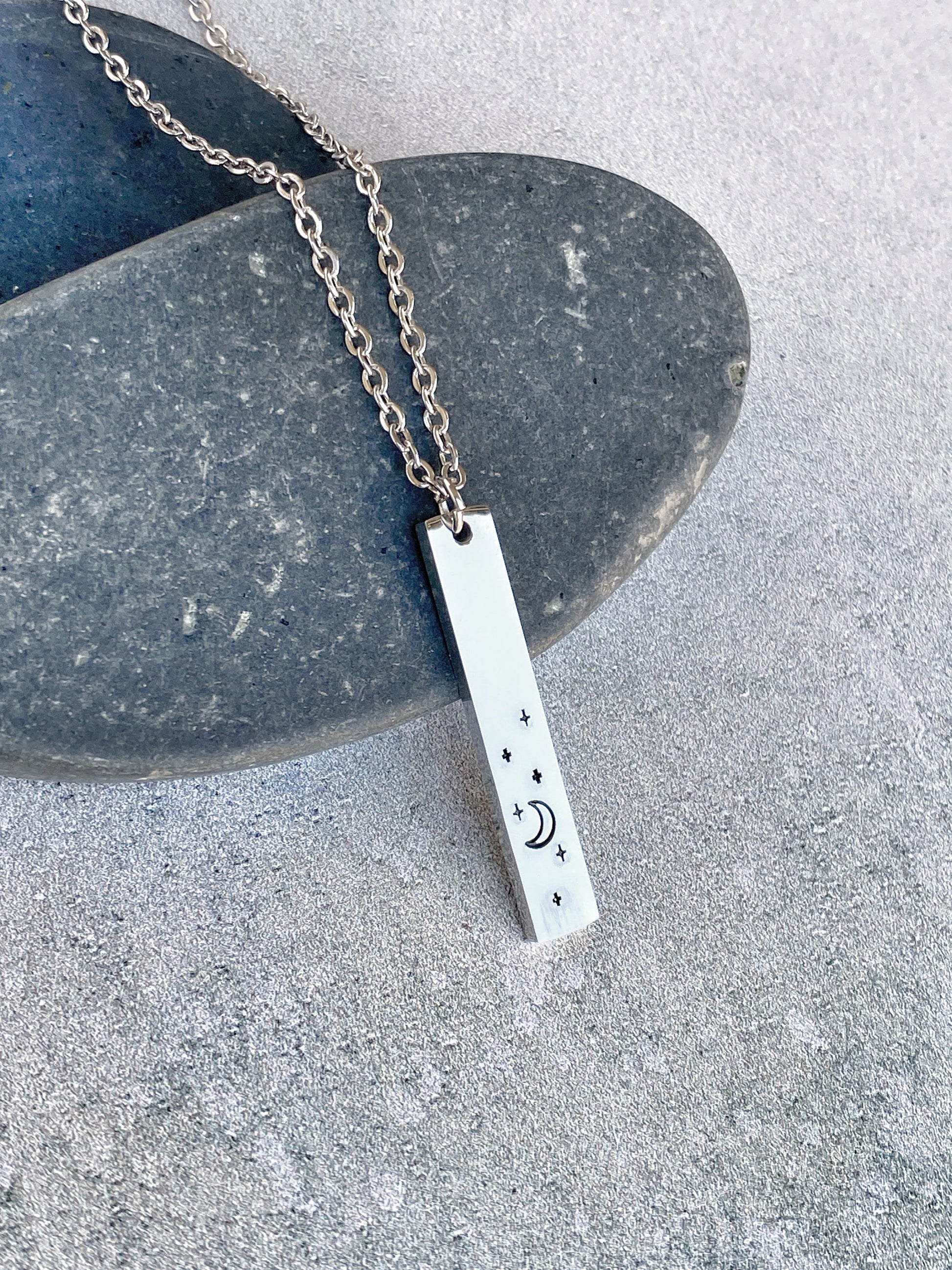 Night Sky Necklace - Crescent Moon Pendant - Stainless Steel Stamped Moon and Stars Necklace - Minimalist Moon Necklace
