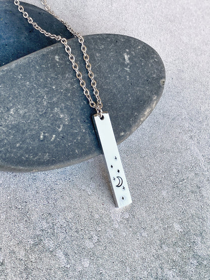Night Sky Necklace - Crescent Moon Pendant - Stainless Steel Stamped Moon and Stars Necklace - Minimalist Moon Necklace