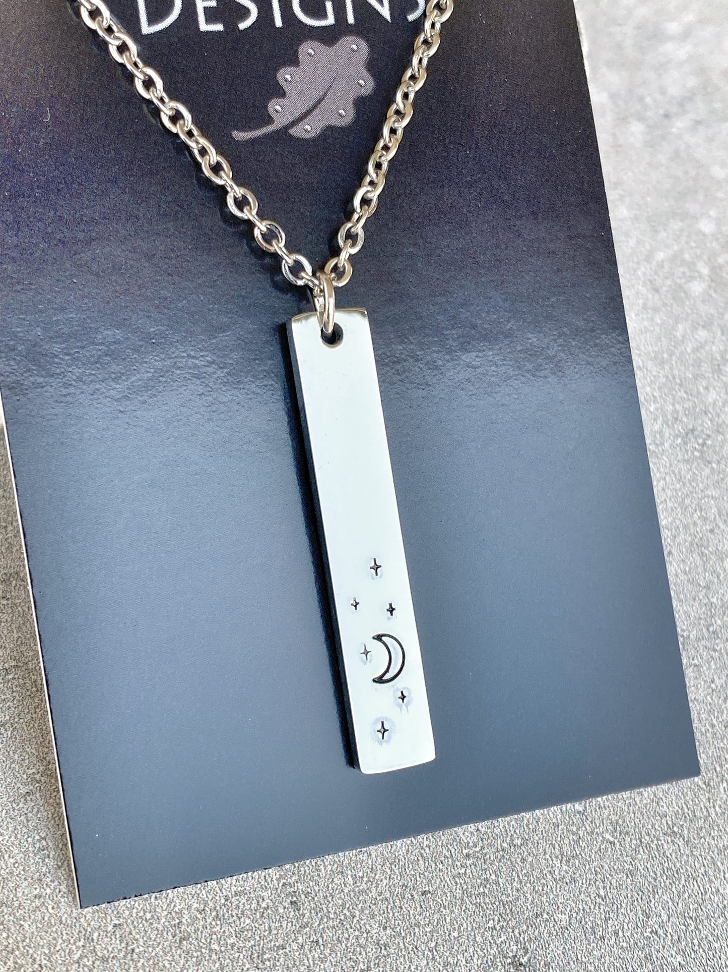 Night Sky Necklace - Crescent Moon Pendant - Stainless Steel Stamped Moon and Stars Necklace - Minimalist Moon Necklace
