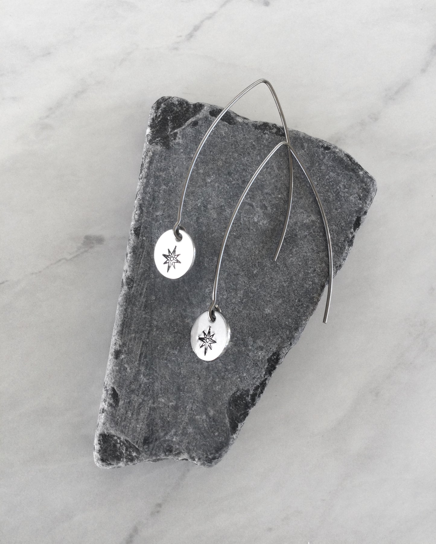 Compass Rose Long Round Stainless Steel Earrings