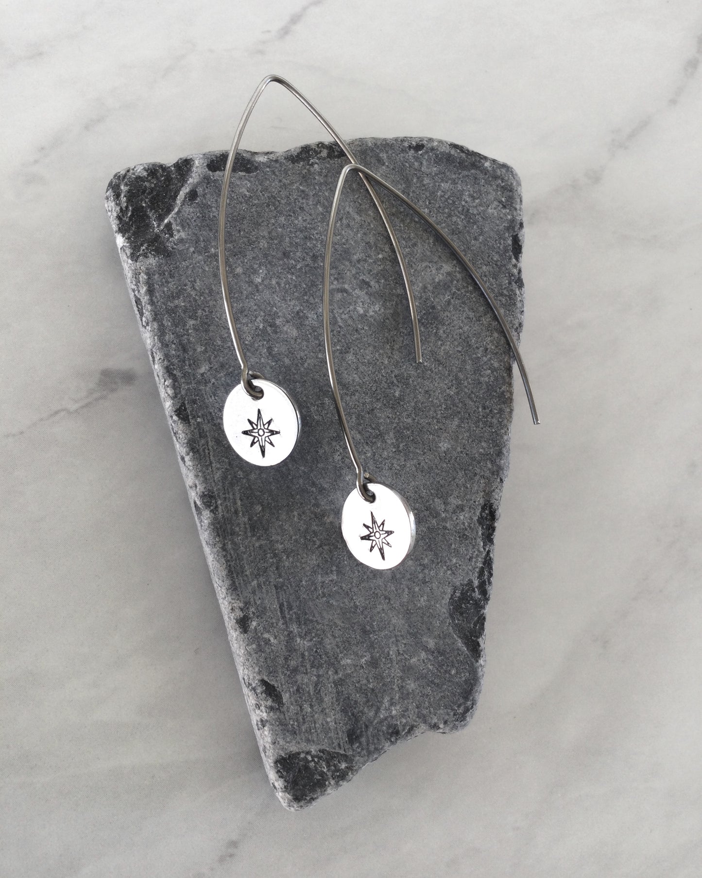 Compass Rose Long Round Stainless Steel Earrings