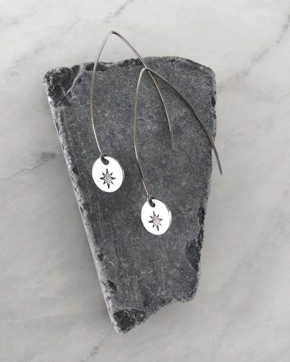 Compass Rose Long Round Stainless Steel Earrings