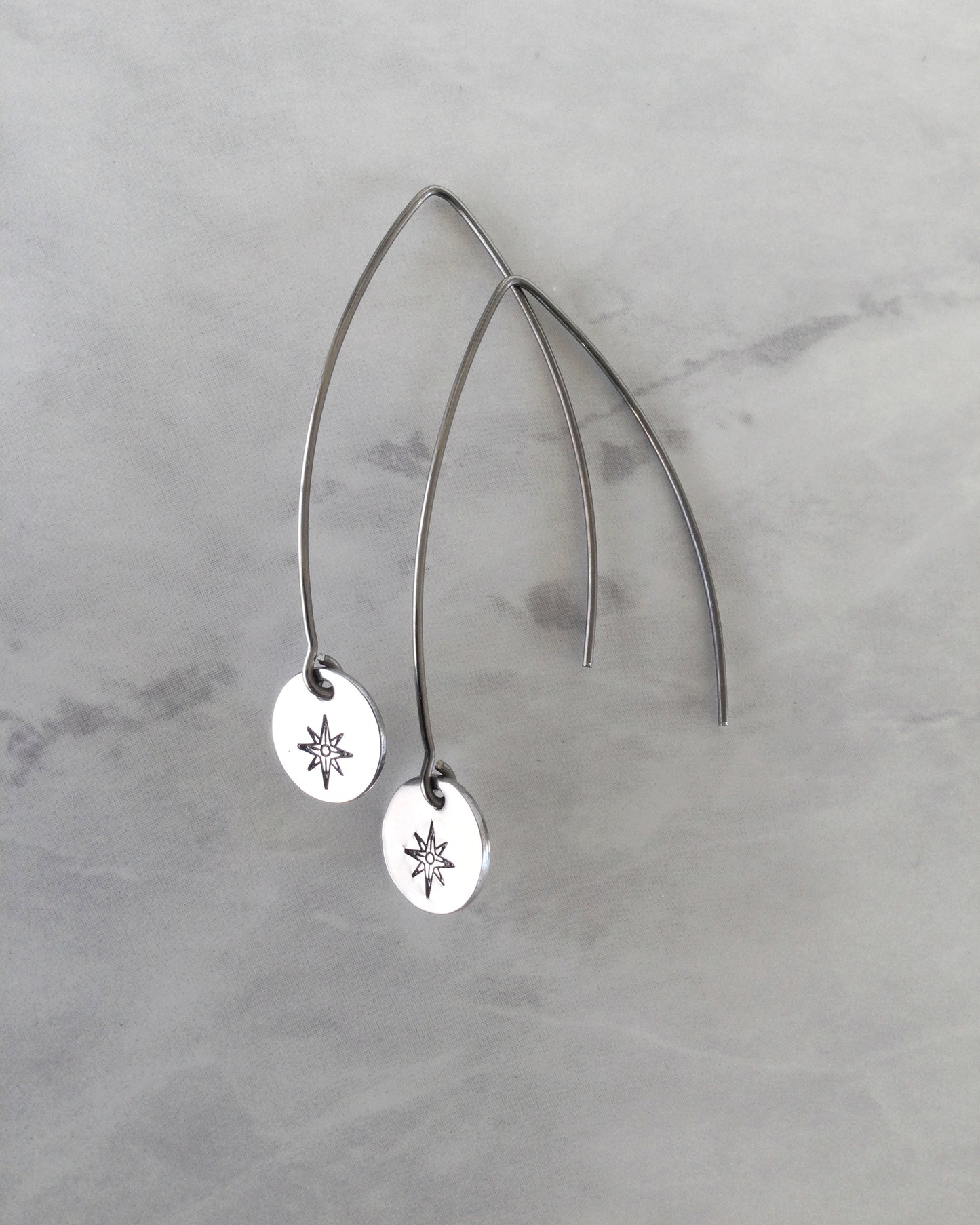 Compass Rose Long Round Stainless Steel Earrings
