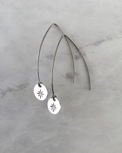Compass Rose Long Round Stainless Steel Earrings