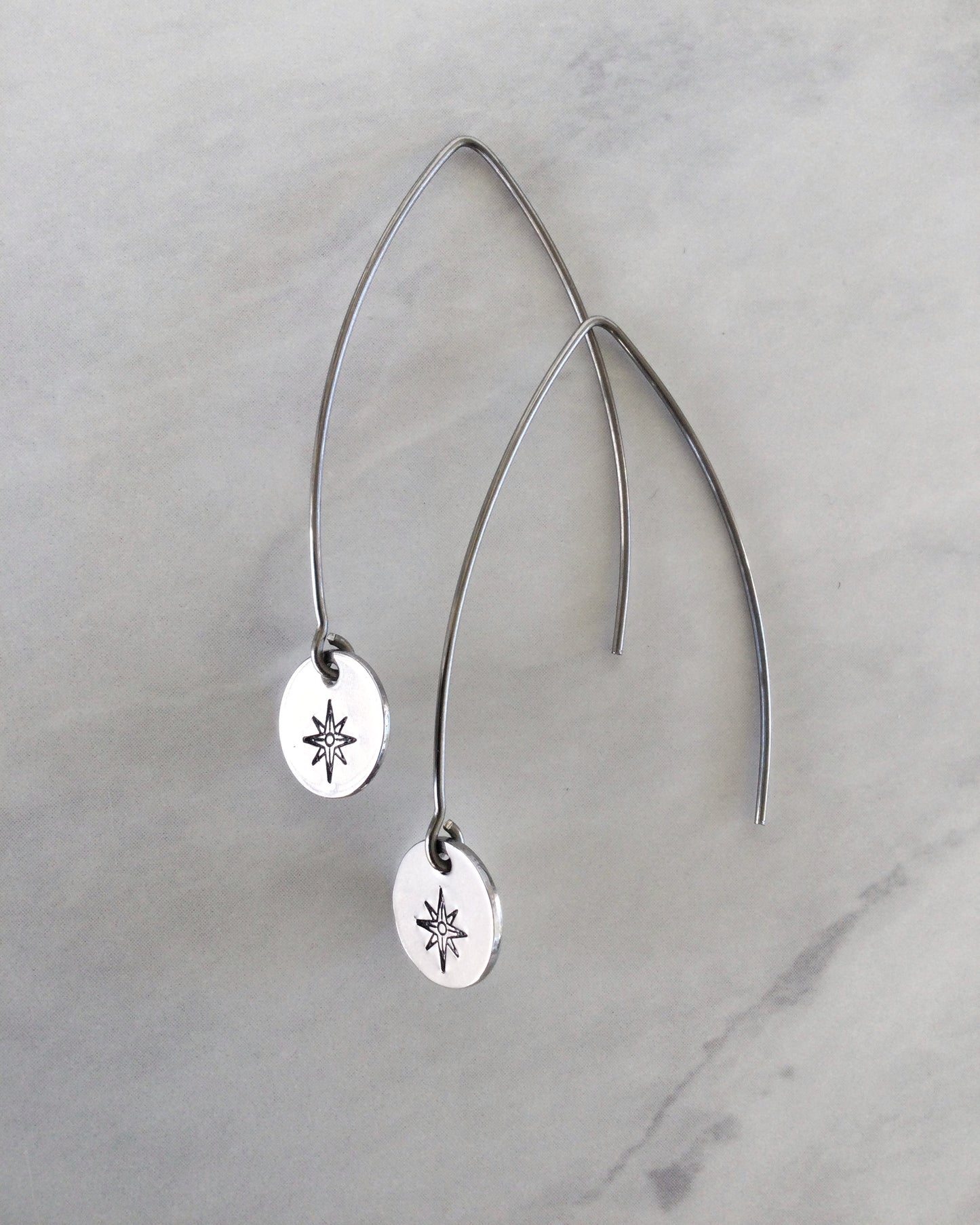 Compass Rose Long Round Stainless Steel Earrings