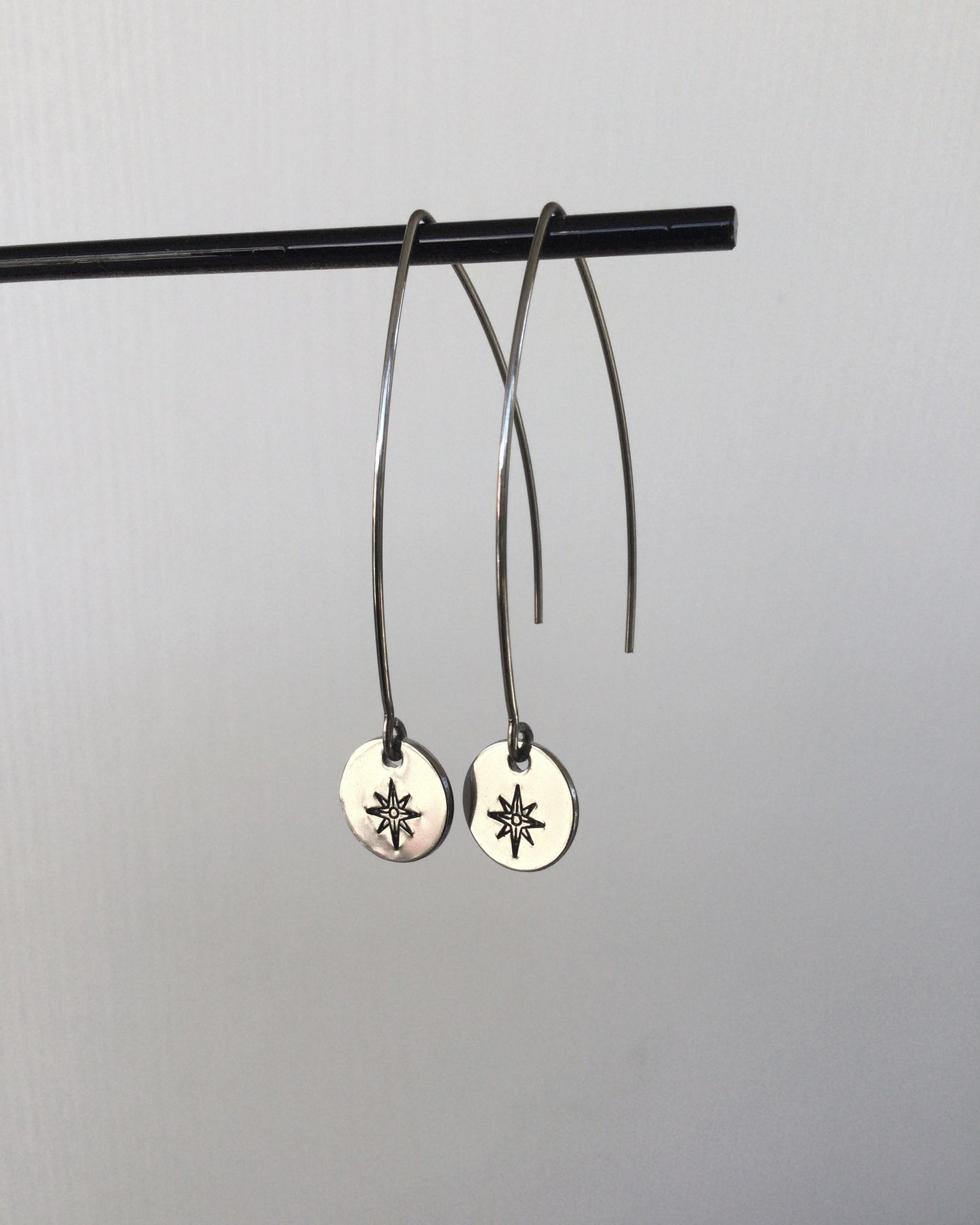 Compass Rose Long Round Stainless Steel Earrings
