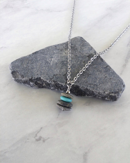 4 Stone Aqua Glass & Flat Pebble Cairn Necklace