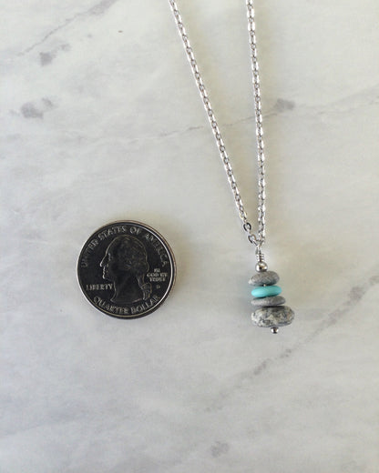 4 Stone Aqua Glass & Flat Pebble Cairn Necklace