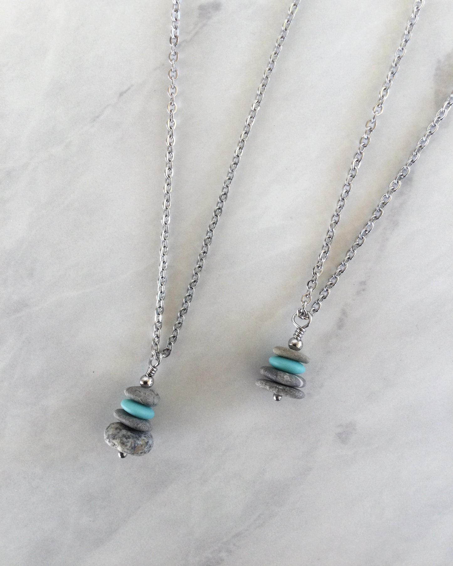 4 Stone Aqua Glass & Flat Pebble Cairn Necklace