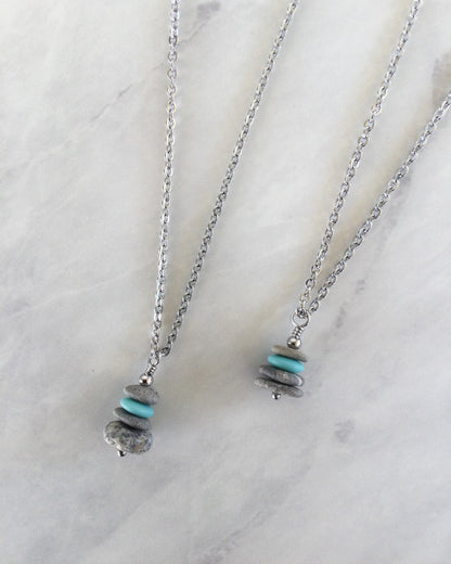 4 Stone Aqua Glass & Flat Pebble Cairn Necklace