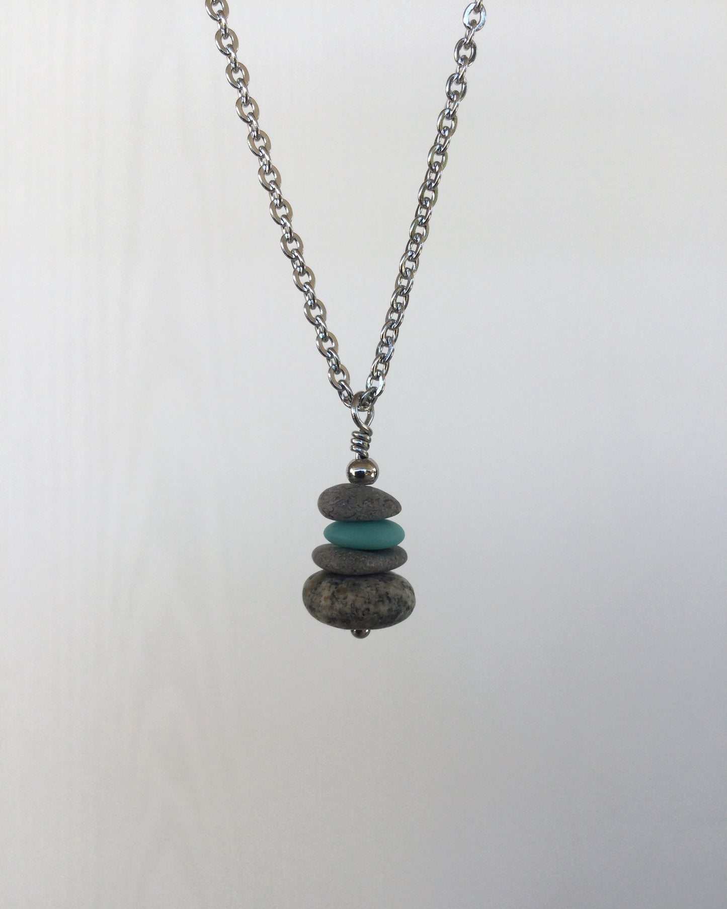 4 Stone Aqua Glass & Flat Pebble Cairn Necklace