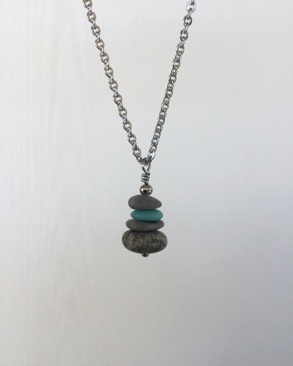 4 Stone Aqua Glass & Flat Pebble Cairn Necklace