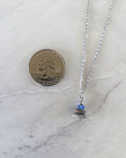 Delicate 3 Stone Periwinkle Glass & Flat Pebble Cairn Necklace