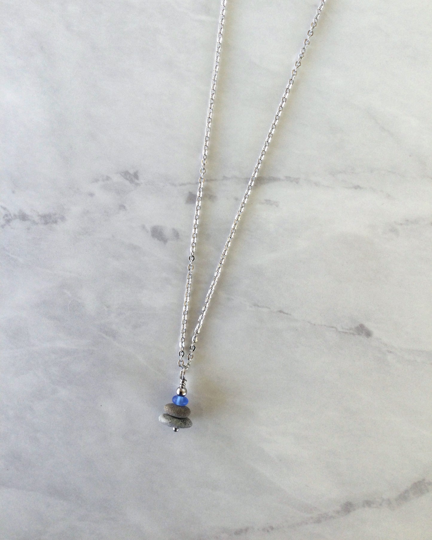 Delicate 3 Stone Periwinkle Glass & Flat Pebble Cairn Necklace