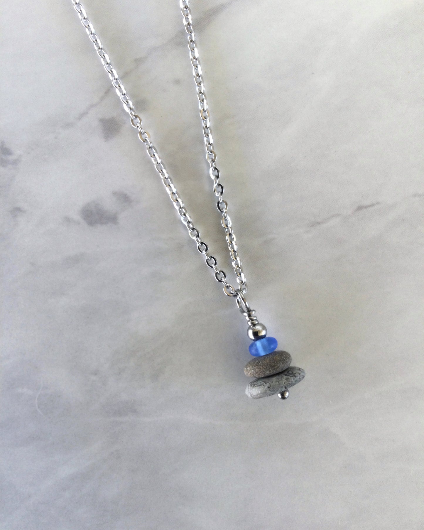 Delicate 3 Stone Periwinkle Glass & Flat Pebble Cairn Necklace