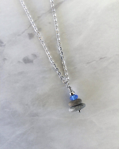 Delicate 3 Stone Periwinkle Glass & Flat Pebble Cairn Necklace